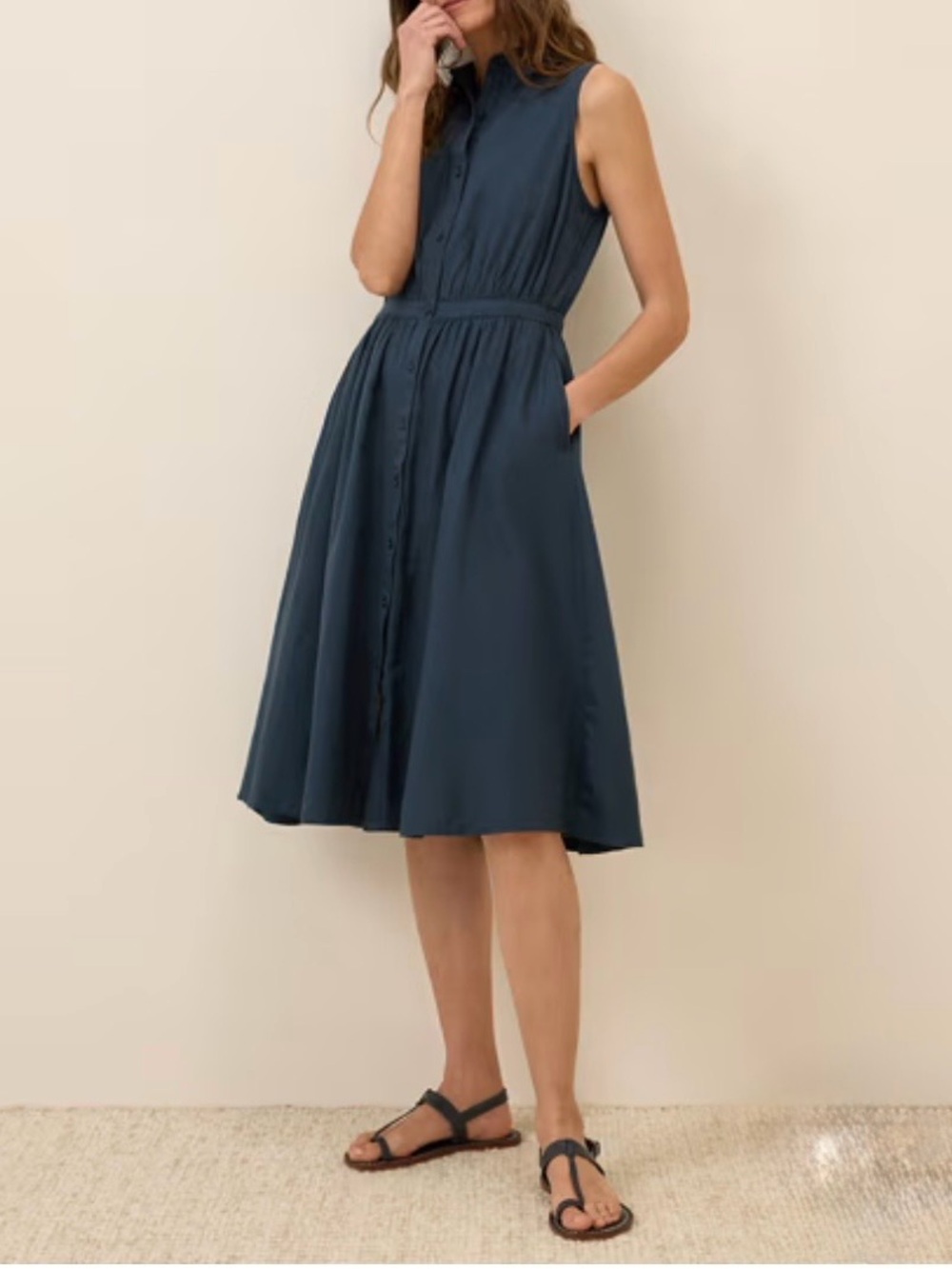 Pact Sunset Cotton Sleeveless Button-Front Navy Midi Dress